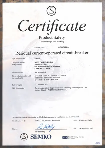 Certifikát pre prúdový chránič E6000 L