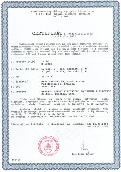 Certifikát pre istič E6000E